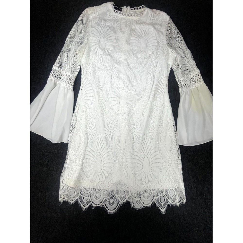 Eilly Bazar Mini Dress Womens XL White Floral Lace Trim Bell Sleeve Boho Outdoor